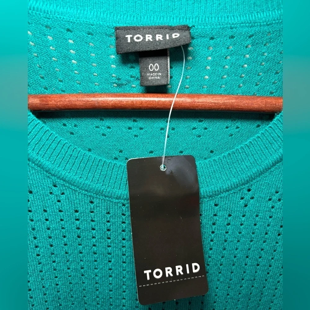 Torrid Pointelle NWT 00 M/L 10 Pullover Short‎ Sleeve Sweater Fanfare Blue Teal - Picture 10 of 10